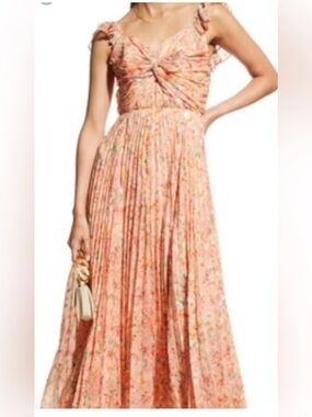 Shoshanna Coral Floral Pleated Maxi Dress with Twist Bodice